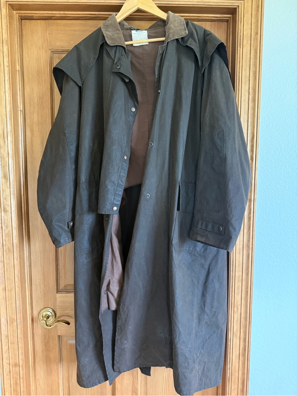 Brown Waxed Cotton Long Trench Coat with Corduroy Collar